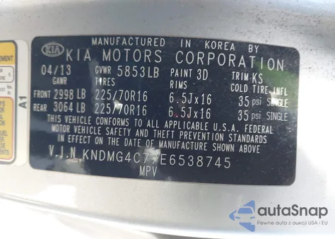 2014 Kia Sedona Lx z USA, uszkodzony, nr VIN KNDMG4C77E6538745